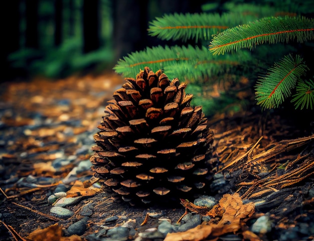 Une pomme de pin se trouve sur le sol dans la forêt