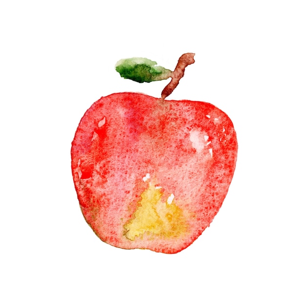 Pomme rouge aquarelle avec une feuille sur fond blanc