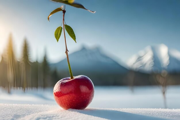 Une pomme rouge avec un arbre en arrière-plan.