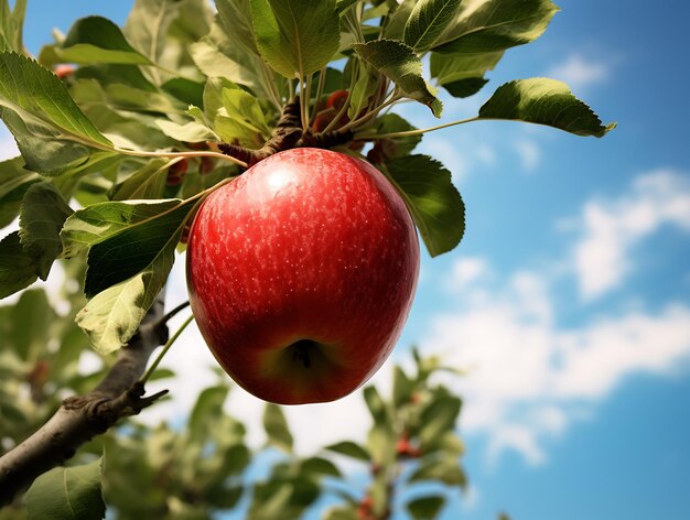 Pomme rouge sur une branche d'arbre avec des feuilles vertes et fond de ciel bleu