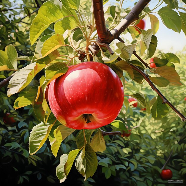 Pomme rouge sur une branche d'arbre avec des feuilles vertes et fond de ciel bleu