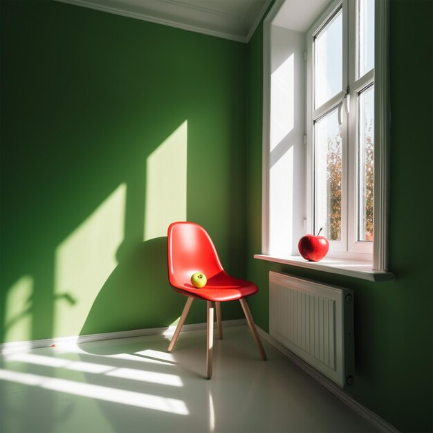 Pomme rouge sur une chaise blanche dans une pièce verte lumineuse