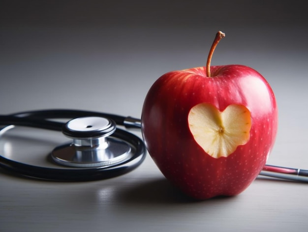 Une pomme rouge avec un cœur dessus à côté d'un stéthoscope.