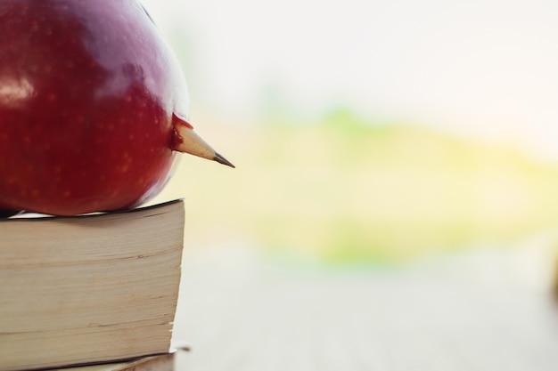 Une pomme rouge et un crayon assis sur une pile de livres scolaires avec fond naturel.