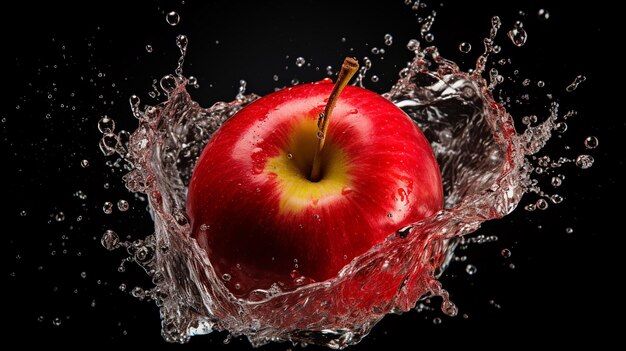 Pomme rouge dans l'eau éclaboussée isolée sur fond noir