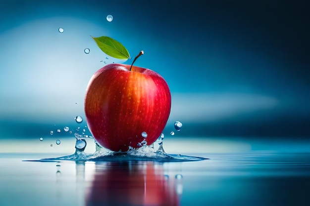 Une pomme rouge dans l'eau avec une feuille verte