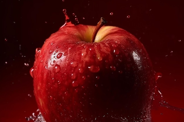 Une pomme rouge dans l'eau avec un peu d'eau.