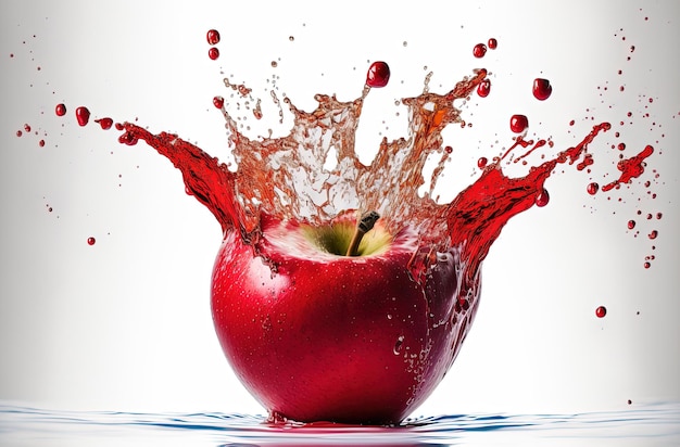 Pomme rouge dans une éclaboussure d'eau Explosion de liquide clair et de gouttelettes sur fond blanc générée par l'IA