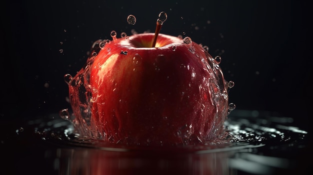 Une pomme rouge éclabousse dans l'eau.