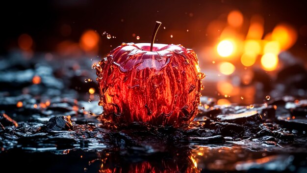 Pomme rouge avec des éclaboussures d'eau sur fond noir