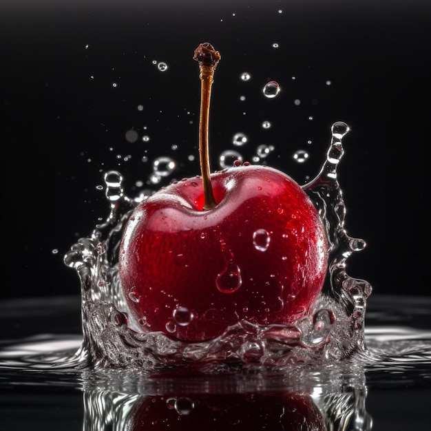 Une pomme rouge est dans une éclaboussure d'eau et elle est sur le point d'être jetée dans l'eau.