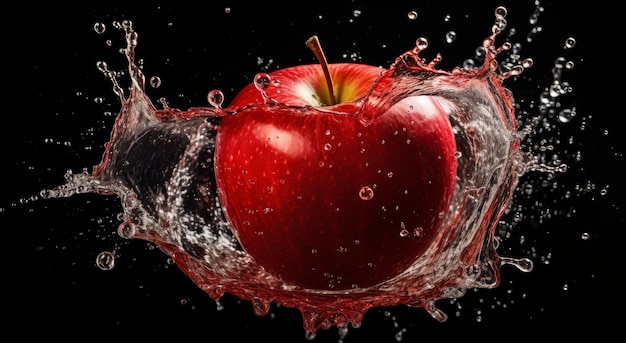 une pomme rouge est emmenée dans l'eau avec de l'eau éclaboussée