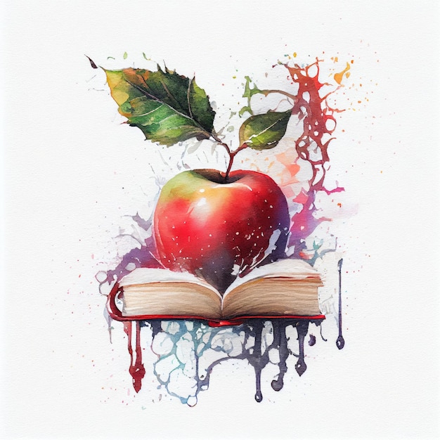 Une pomme rouge est sur un livre avec une feuille dessus.
