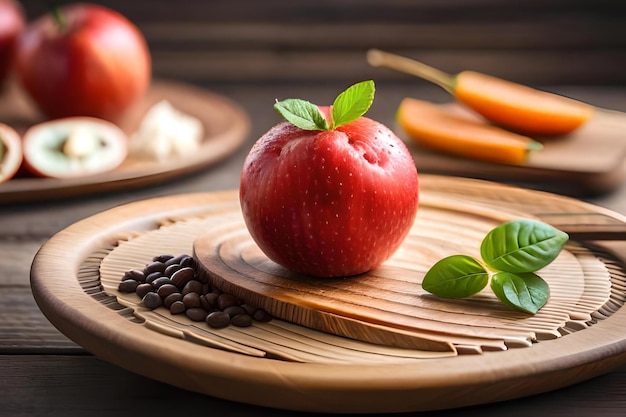 Une pomme rouge est posée sur une assiette en bois avec d'autres aliments dessus.