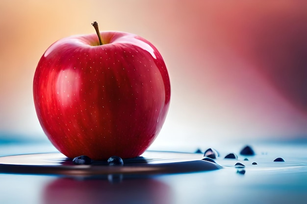 Une pomme rouge est posée sur une soucoupe à bleuets.