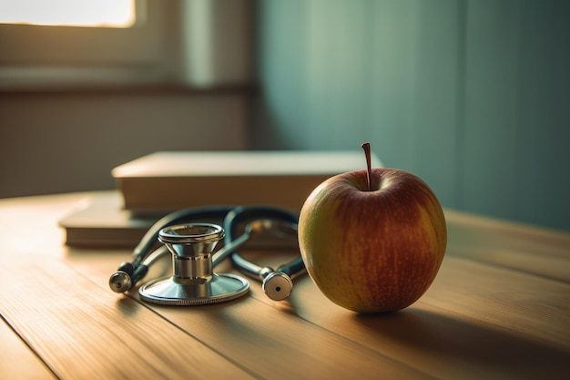 Une pomme rouge est posée sur une table en bois à côté d'un stéthoscope.