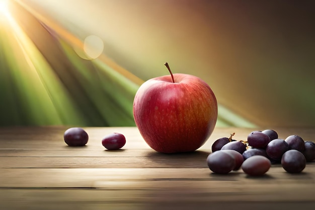 Une pomme rouge est posée sur une table en bois avec des raisins violets dessus.