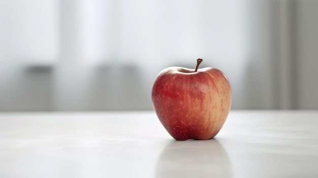 Une pomme rouge est posée sur une table devant un fond blanc.