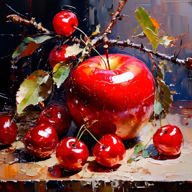 une pomme rouge est sur une table avec un bouquet de feuilles