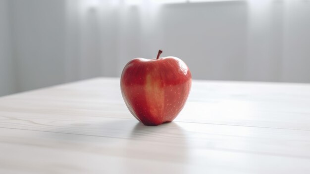 Une pomme rouge est sur une table avec un mur blanc derrière elle.