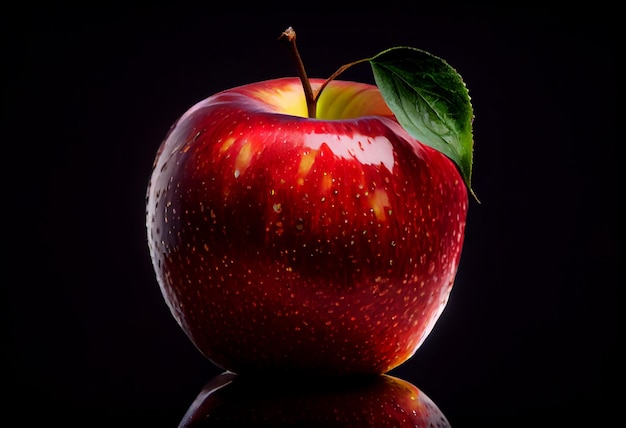 Une pomme rouge avec une feuille dessus