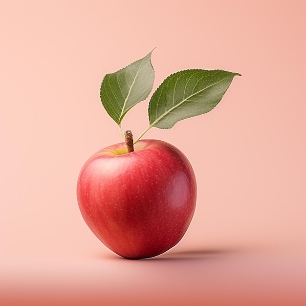 Une pomme rouge avec une feuille isolée sur un fond rose illustration 3D
