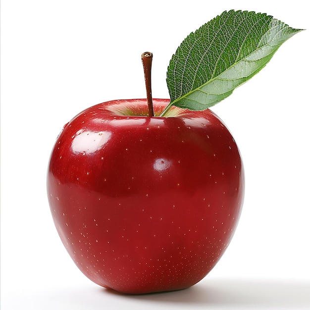 Pomme rouge avec feuille verte sur fond blanc