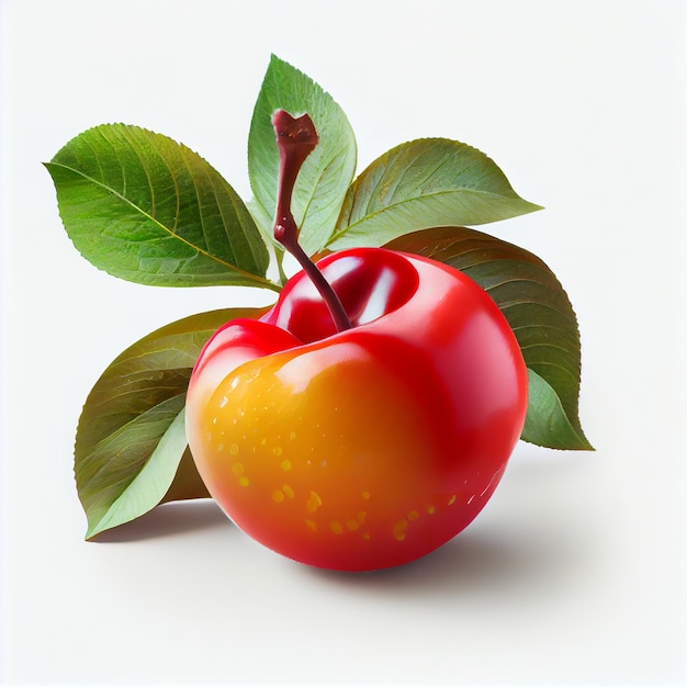 Une pomme rouge avec des feuilles vertes sur fond blanc