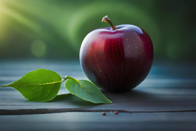 Une pomme rouge avec des feuilles vertes et un fond vert.