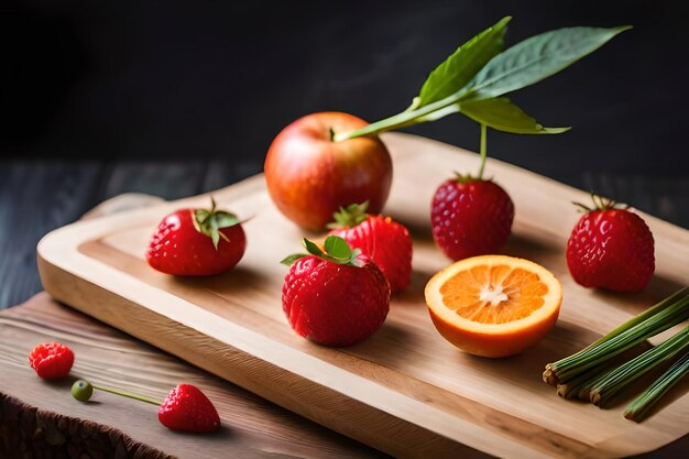 une pomme rouge avec des feuilles vertes sur une planche à découper