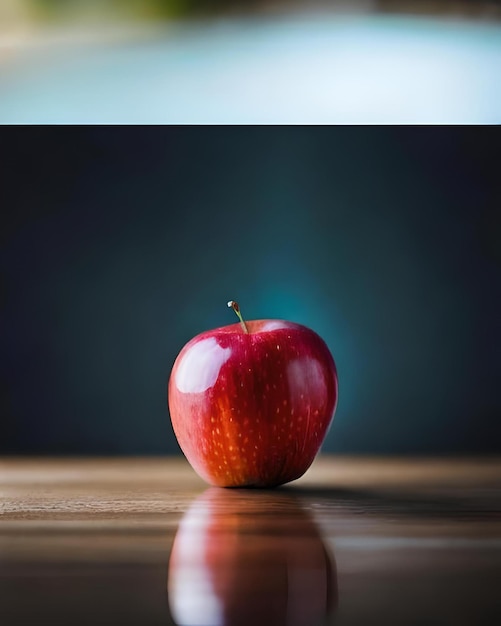 Une pomme rouge avec un fond bleu et un arrière-plan flou.