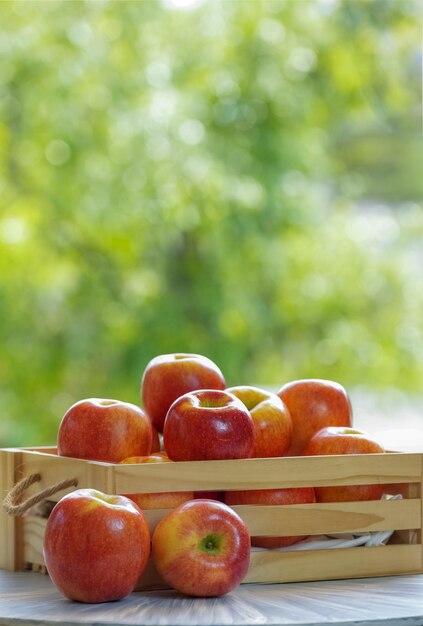 Pomme rouge fraîche d'envie dans le panier en bois sur le fond vert de bokeh