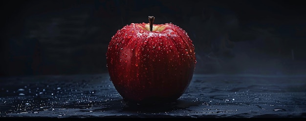 Pomme rouge fraîche avec des gouttes d'eau sur fond sombre