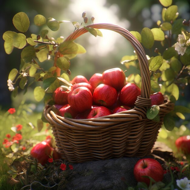 Pomme rouge fraîche avec panier en osier