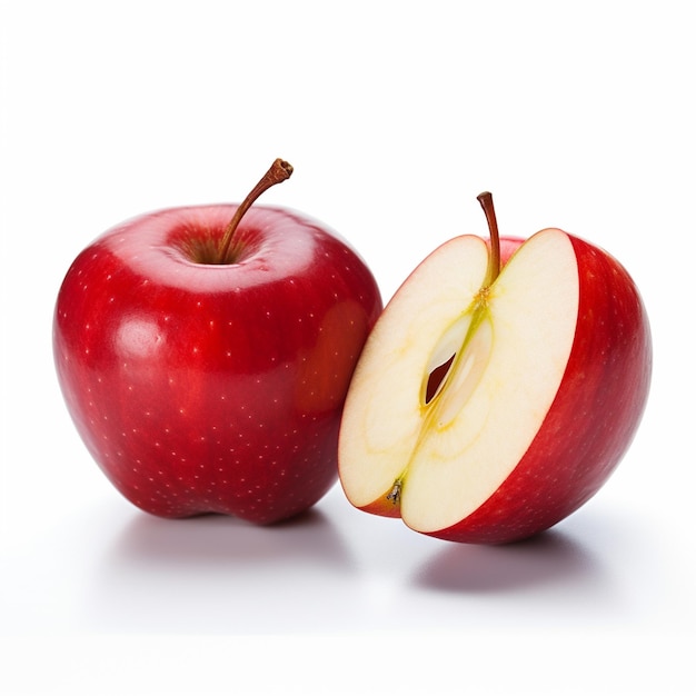 Une pomme rouge fraîche tranchée et une pomme isolée sur fond blanc