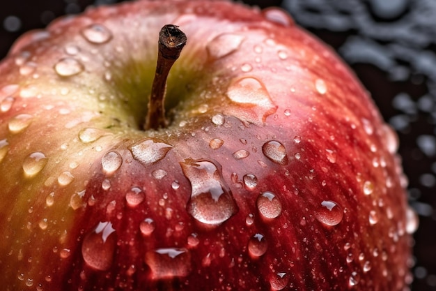 Une pomme rouge avec des gouttelettes d'eau dessus