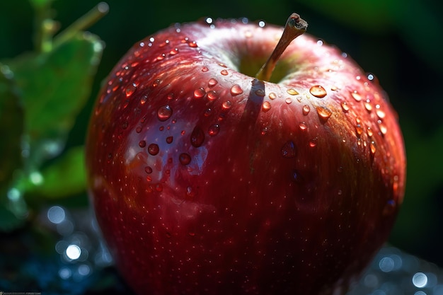 Une pomme rouge avec des gouttelettes d'eau dessus