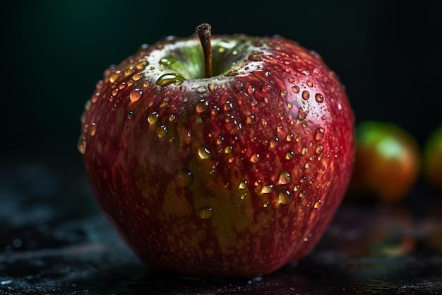 Une pomme rouge avec des gouttelettes d'eau dessus