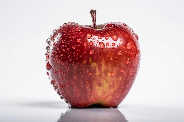 Une pomme rouge avec des gouttelettes d'eau dessus