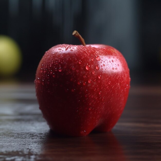 une pomme rouge avec des gouttes d'eau dessus est posée sur une table.