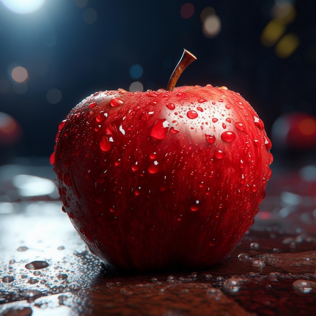 une pomme rouge avec des gouttes d'eau dessus et une lumière en arrière-plan.