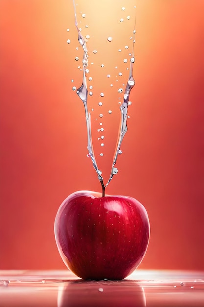 Une pomme rouge avec des gouttes d'eau dessus