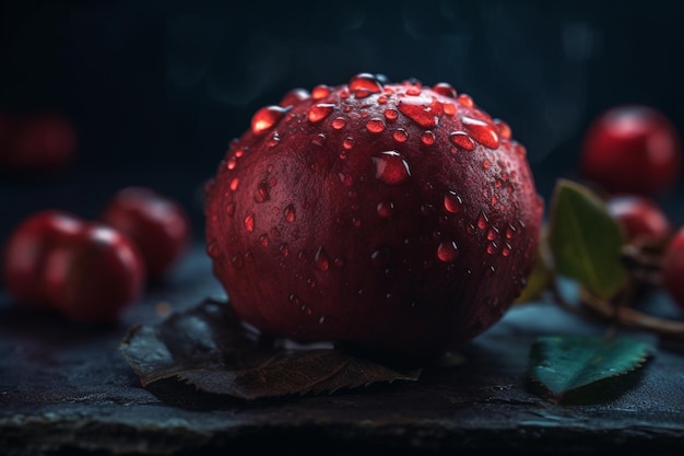 Une pomme rouge avec des gouttes d'eau dessus