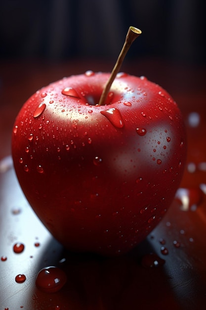 une pomme rouge avec des gouttes d'eau dessus