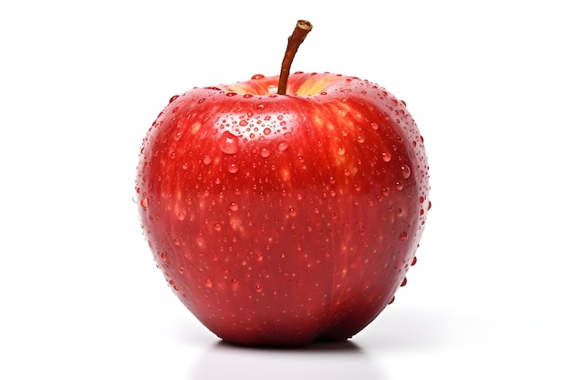 Pomme rouge avec des gouttes d'eau sur fond blanc