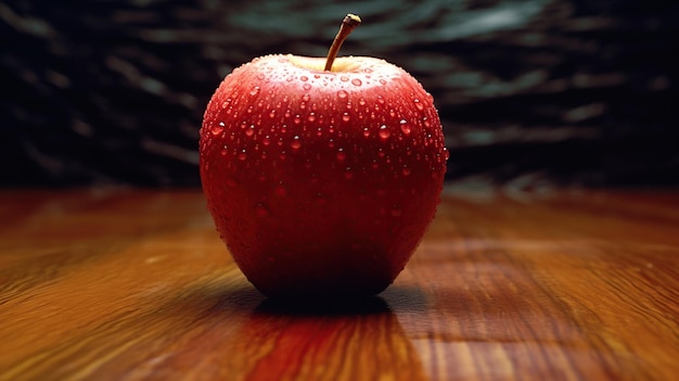 Pomme rouge avec des gouttes d'eau sur fond sombre gros plan IA générative