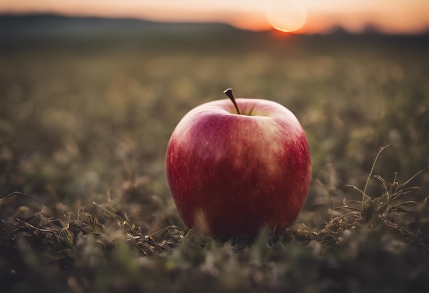 Une pomme rouge sur l'herbe dans le champ au coucher du soleil