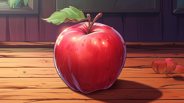 Une pomme rouge mûre sur une table en bois.