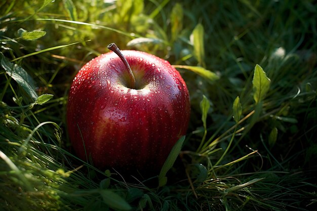 La pomme rouge se trouve sur l'herbe