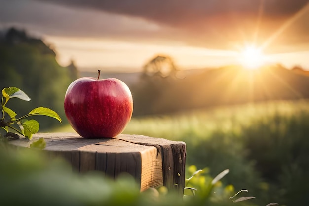 pomme rouge sur un souche de bois dans le champ au coucher du soleil